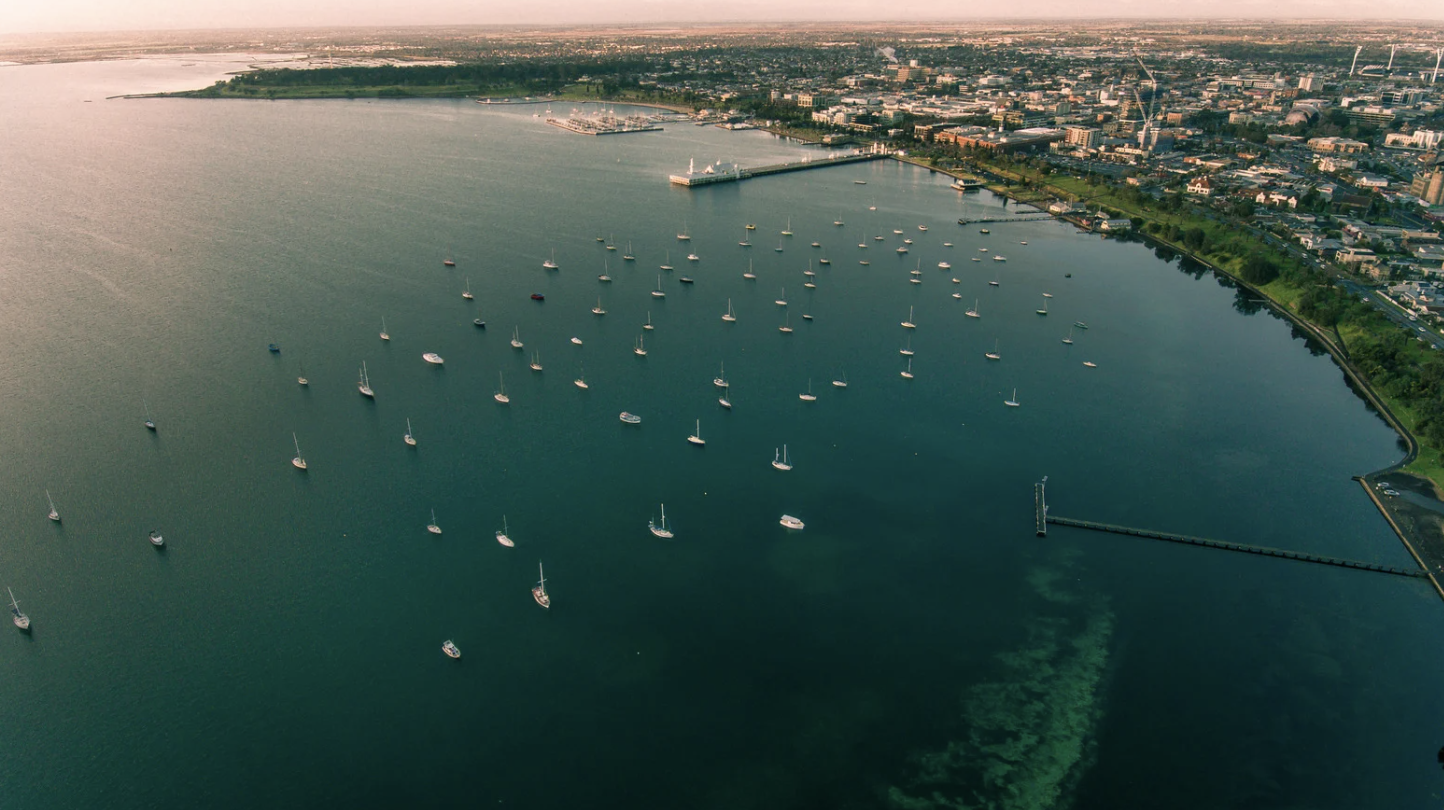 Geelong bay aerial shot showing ocean views and the landscape